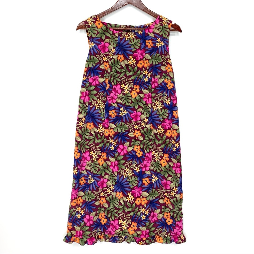 Vintage Kathie Lee Collection Multicolored Hawaiian Floral Lettuce Hem Dress
